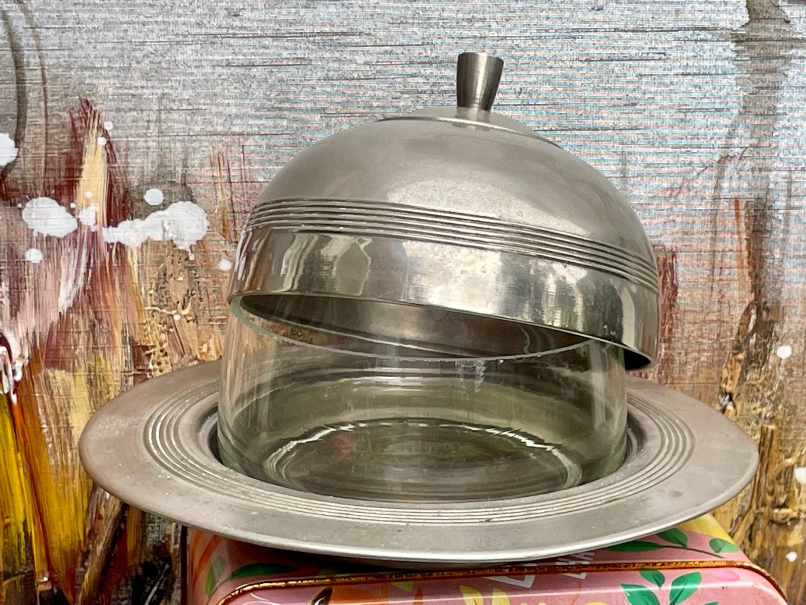 Vintage Glazen Stolp met Tin Look Schaal - Steun Kenia!, Ophalen of Verzenden
