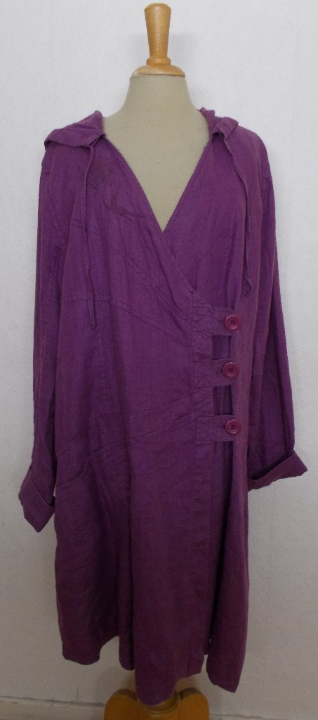 Aparte 100% linnen paarse jurk/jas met capuchon! 44, Kleding | Dames, Jurken, Verzenden, Paars, Maat 42/44 (L), Zo goed als nieuw