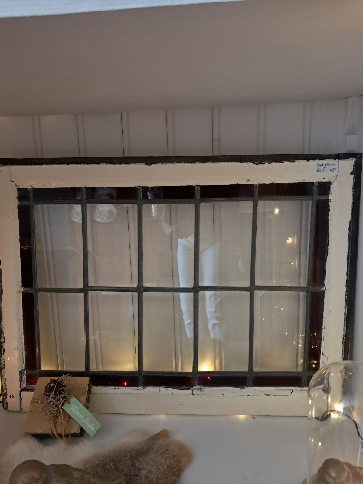 Oud glas in lood raam - 50 x 68 cm, Ophalen, Gevelraam of Ruit, Gebruikt, Minder dan 80 cm