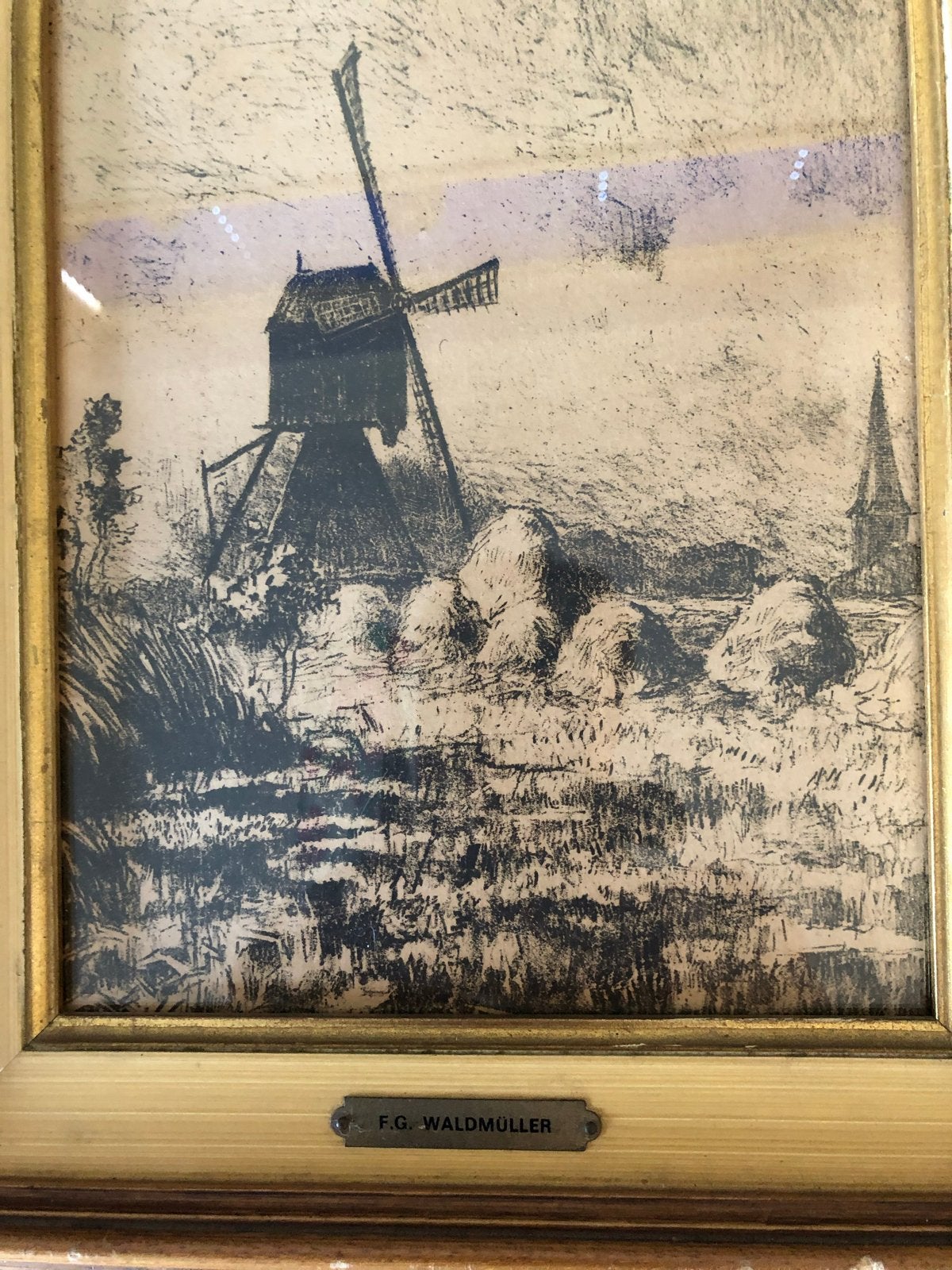 Antieke Ets: Molenlandschap door F.G. Waldmüller, 1800 - 1899, Ets, Ophalen of Verzenden, Gesigneerd