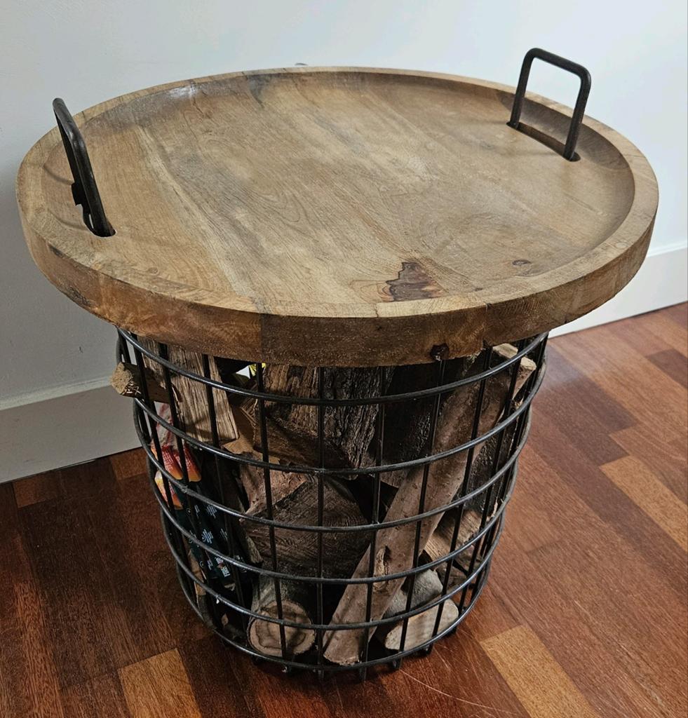 Industriële metalen opbergbox of tafel met houten blad, Ophalen, 50 tot 100 cm, 50 tot 75 cm, Rond