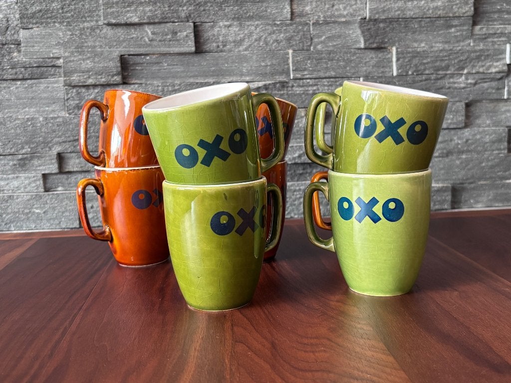 10 vintage OXO mokken groen bruin, Ophalen