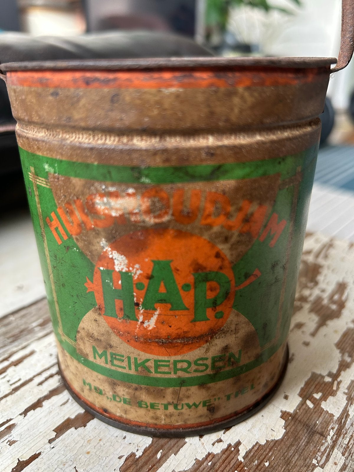 Vintage HAP Meikersen blik met hengsel, 'De Betuwe' Tiel, Ophalen of Verzenden