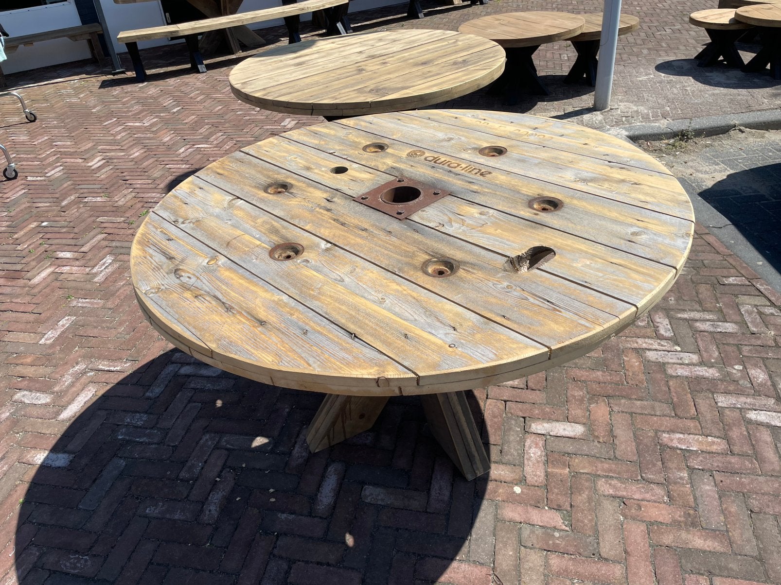 Uniek!! Zware industriële tuintafel van kabelhaspelblad., Ophalen of Verzenden, Zo goed als nieuw, Rechthoekig, Hout