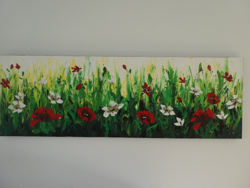 Schilderij. Afm. 150 x 50 cm. Veldbloemen., Ophalen of Verzenden, Olieverf, Bloemen, Gelimiteerde oplage