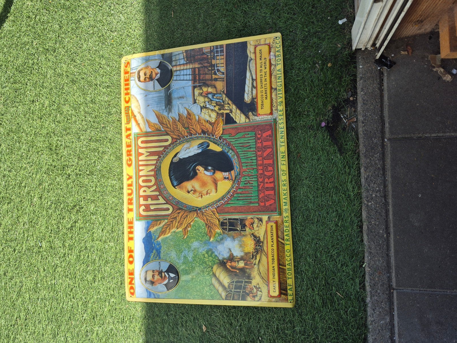 Grote vintage blikken reclamebord Geronimo tabak, Verzamelen, Ophalen of Verzenden, Gebruikt, Overige, Overige merken