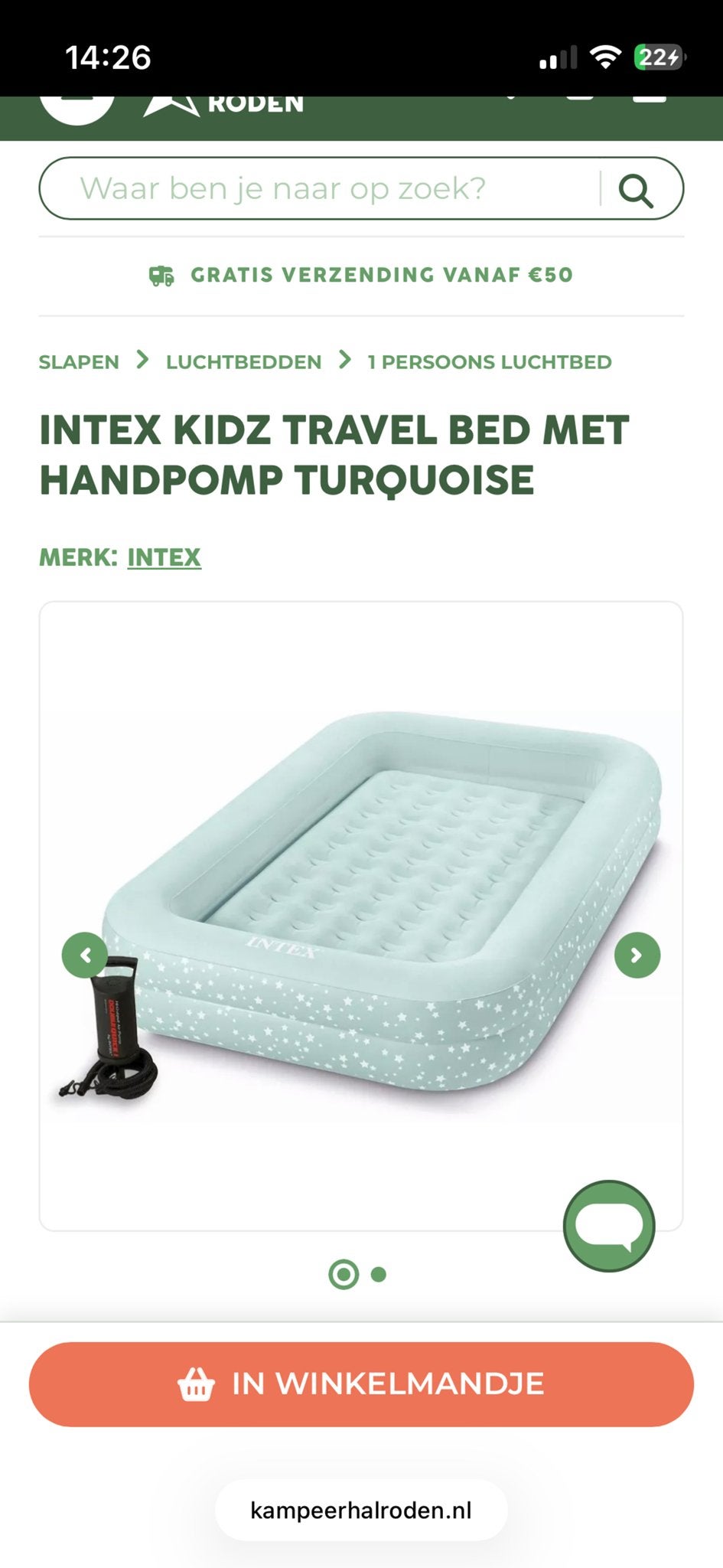 Intex Kidz Travel Bed met handpomp - Turquoise, Ophalen, Zo goed als nieuw, 1-persoons