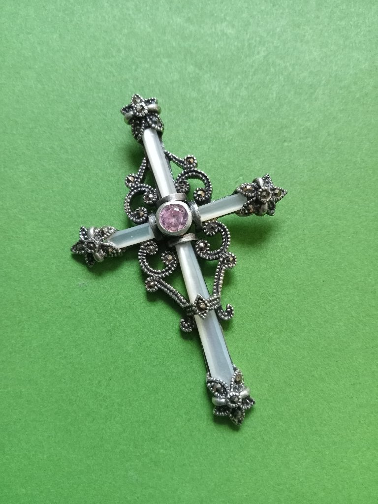 Prachtig Groot Zilveren Kruis - Paarlmoer - Rosekwarts - Ma, Ophalen of Verzenden, Zilver, Hanger, Met edelsteen