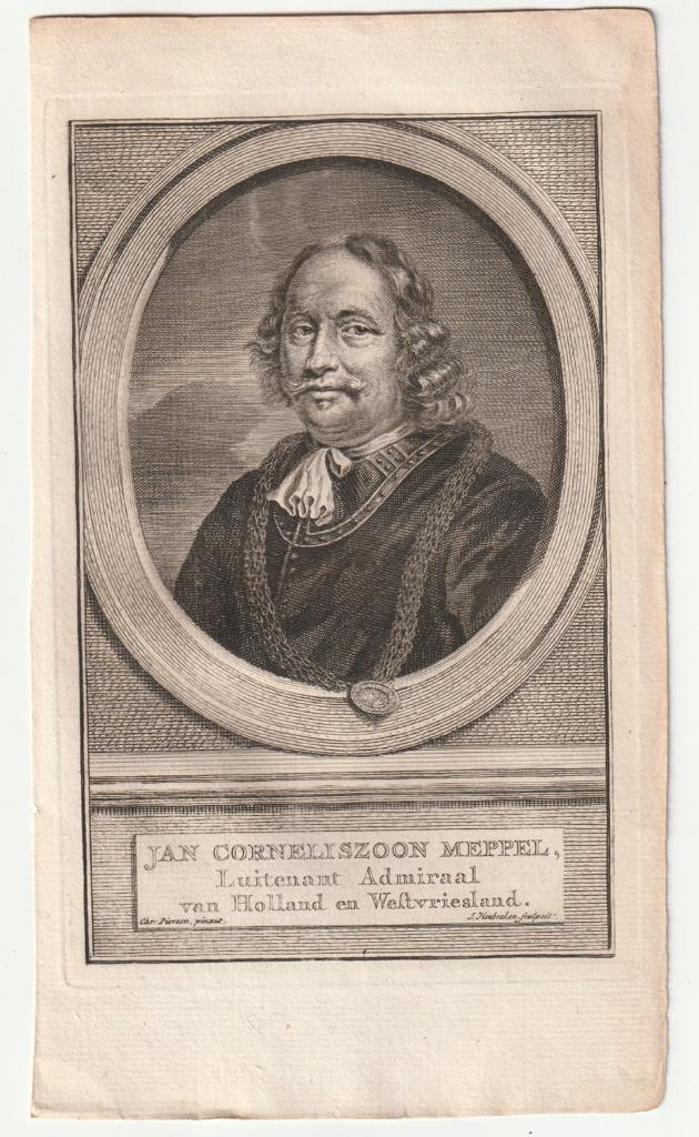 Jan Corneliszoon Meppel admiraal gravure Houbraken, Verzenden, Portret, Gravure, Blanco verso