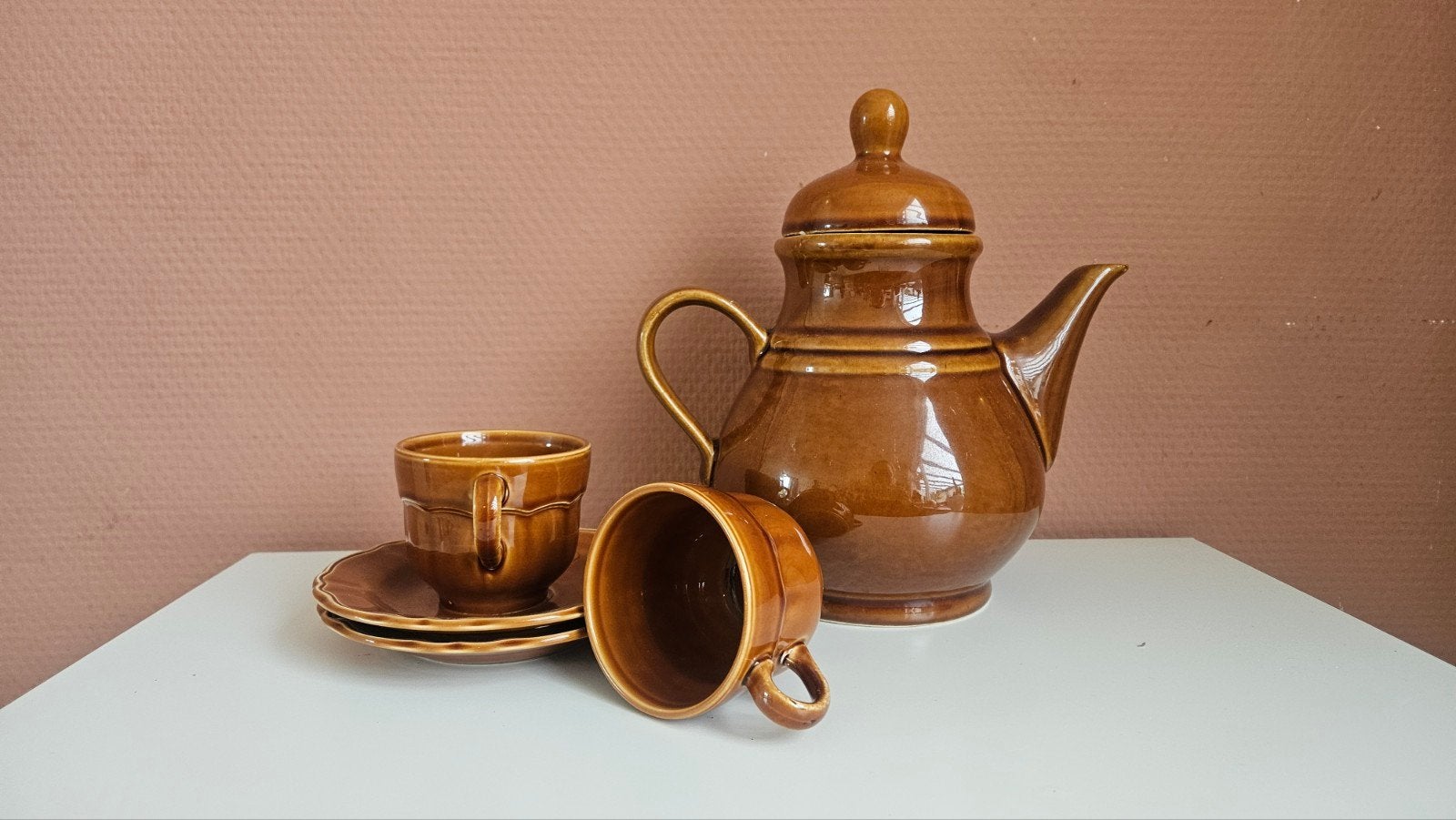 Vintage bruin keramiek koffie-/theeservies, Ophalen of Verzenden