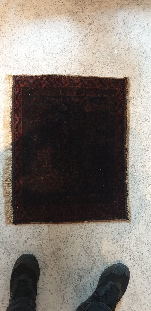 Vintage Handgemaakt Tapijtje - Donkerbruin/Rood, Gebruikt, Wol, Overige vormen, Handgemaakt