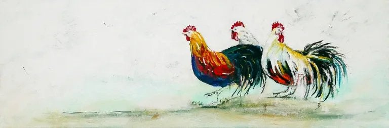 Acrylschilderij: Kleurrijk Groepje Kippen, Ophalen of Verzenden