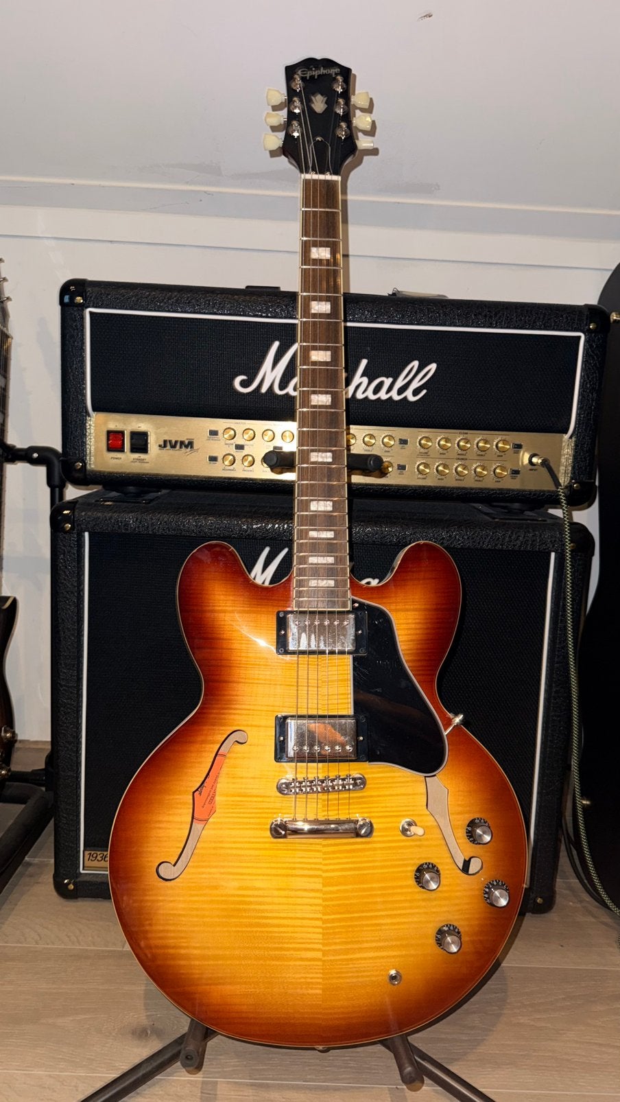 Epiphone ES-335 Figured Tea Burst, Ophalen, Zo goed als nieuw, Hollow body, Epiphone