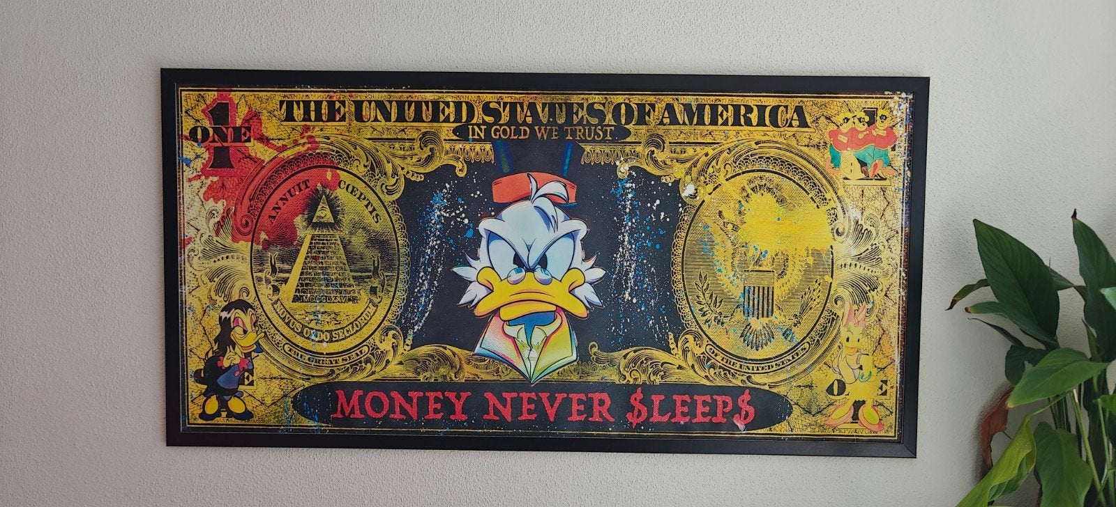 Schilderij Dagobert Duck op dollarbiljet met houten lijst, Ophalen, Hout, Print, Stripfiguren/cartoons