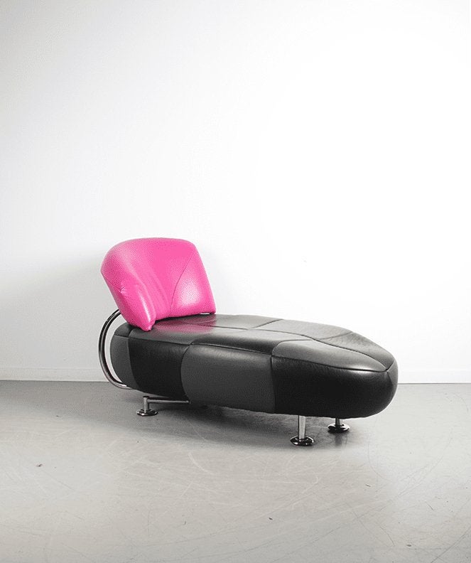 Leolux Kikko Chaise Longue Fauteuil Zwart/Grijs/Roze Leer, Leolux, Zo goed als nieuw, Niet ingevuld, Niet ingevuld