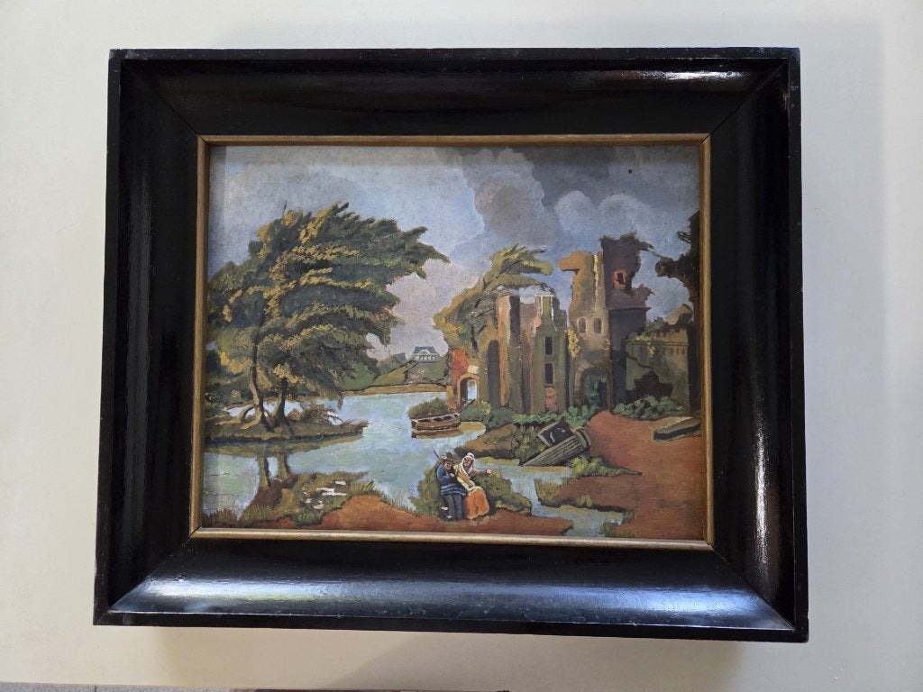 Oud schilderij in zwarte lijst op paneel, Ophalen