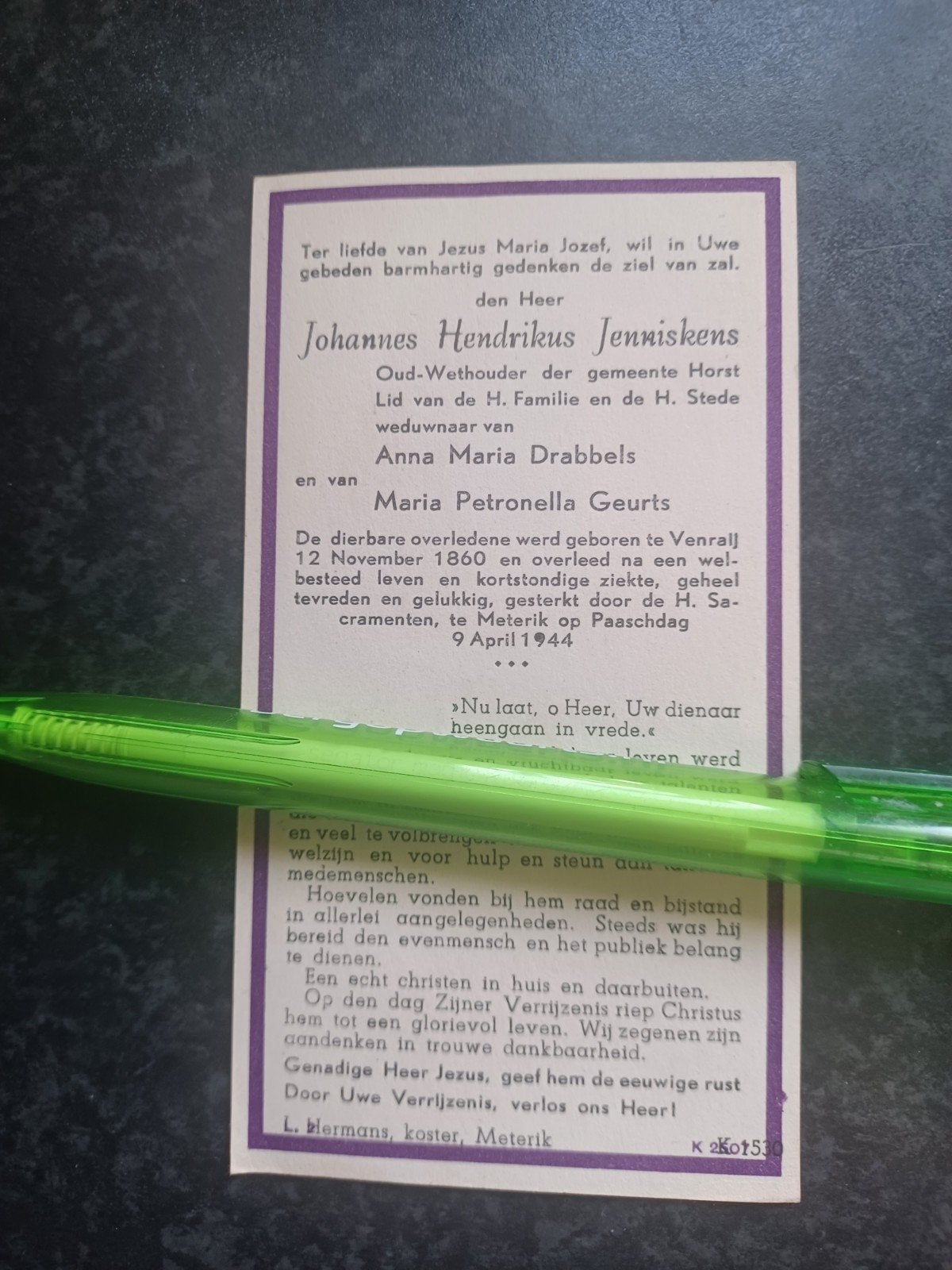 Bidprentje Venraij Meterik Johannes Jenniskens 1860 1944, Ophalen of Verzenden, Bidprentje
