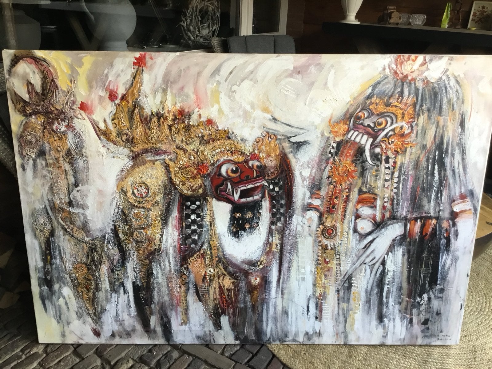 Handgemaakt balinees olieverf schilderij .Barong dans Ubud, Ophalen