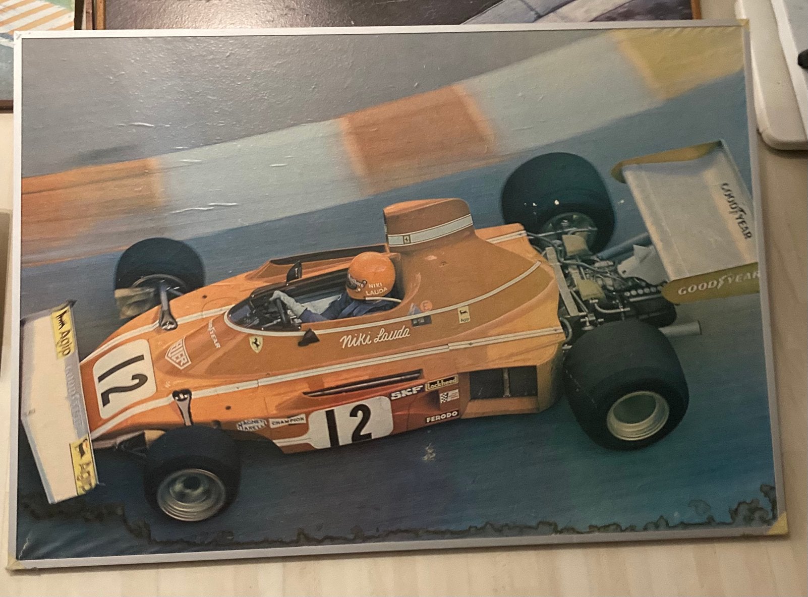 Oude F1 poster op houten bord, Ophalen, Gebruikt, Formule 1