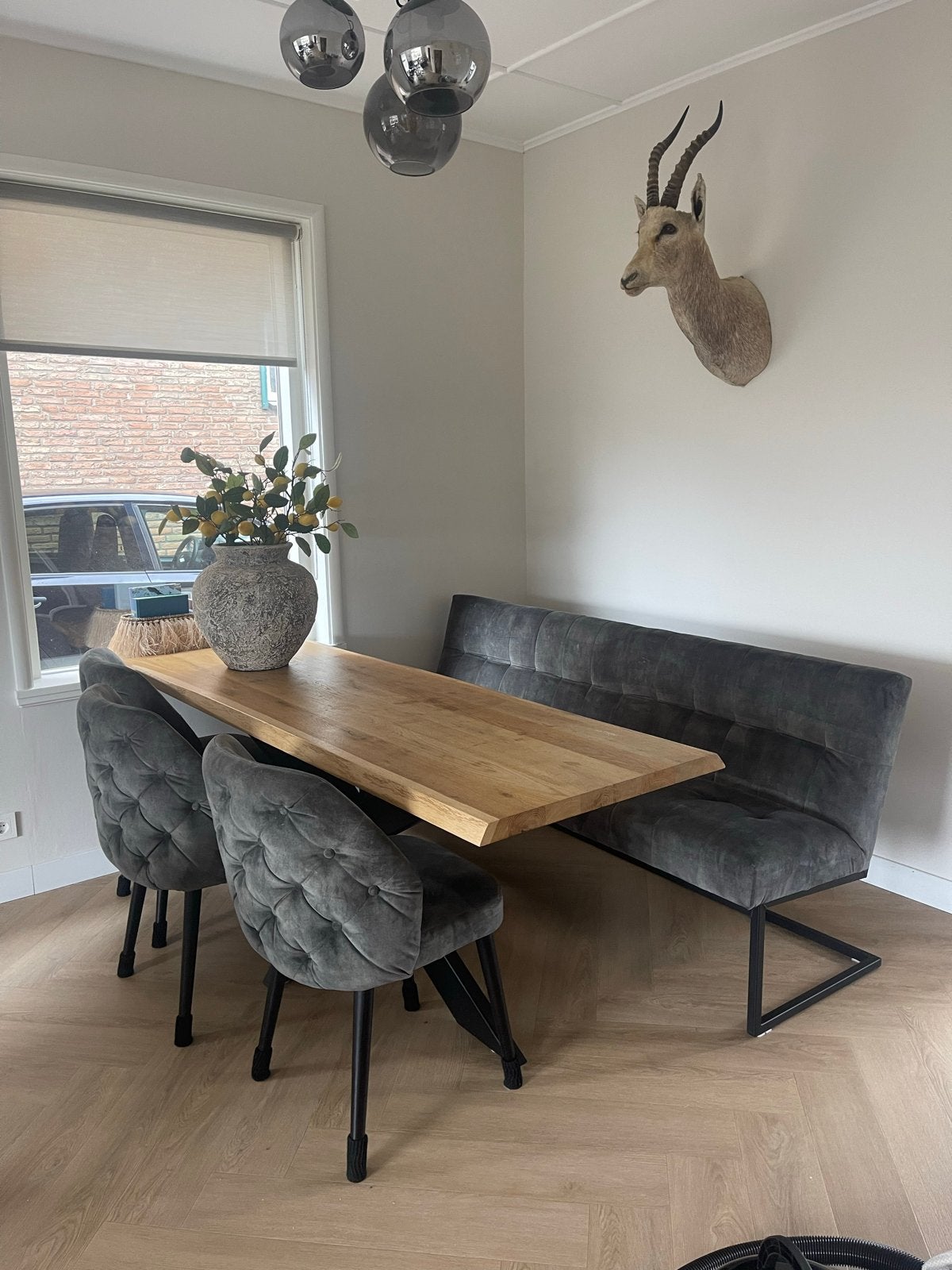 Smal eikenhouten eettafel met zwart stalen poot (200x70cm), Ophalen, Gebruikt, Eikenhout, 50 tot 100 cm