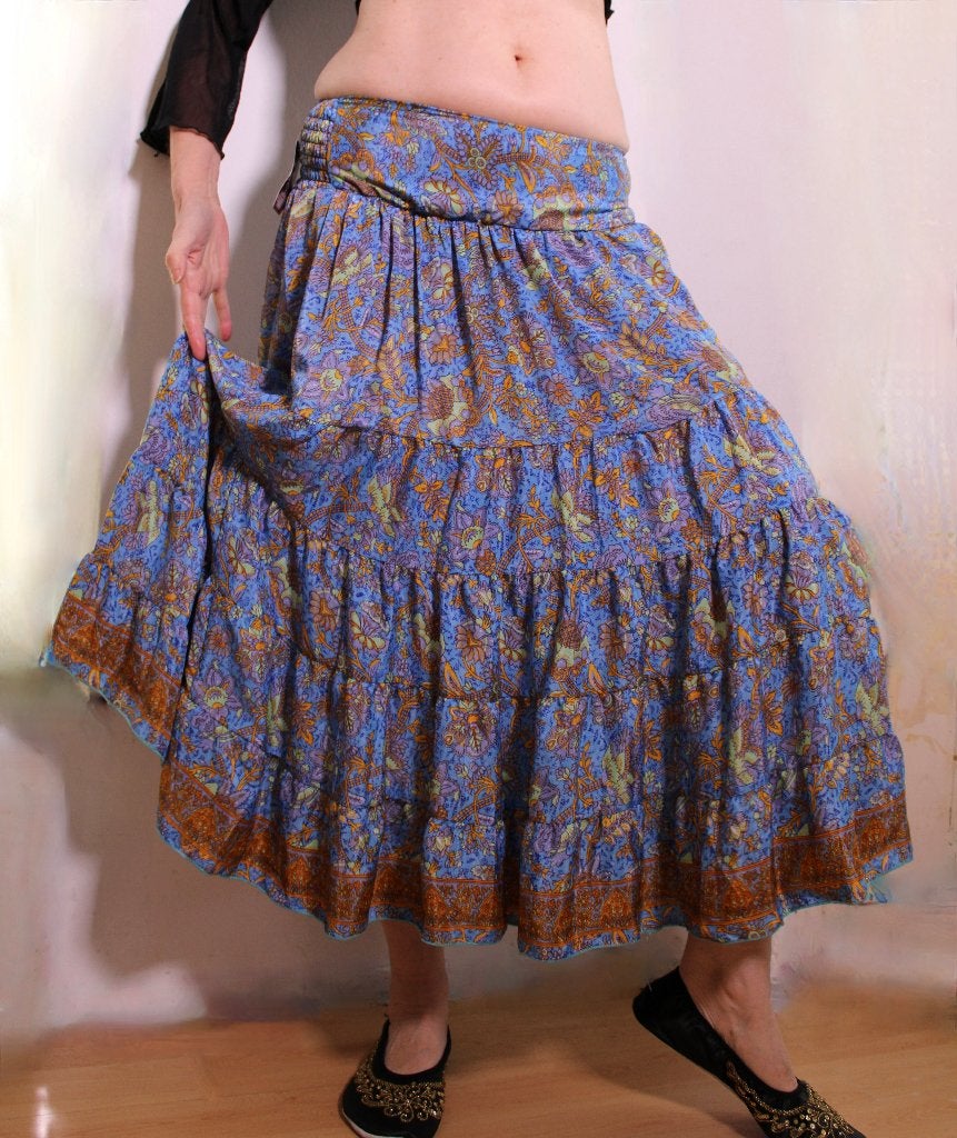 Lichtgew Gipsy bloemetjes strokenrok BLAUW ruffled skirt S/M, Kleding | Dames, Rokken, Nieuw, Maat 36 (S), Blauw, Onder de knie