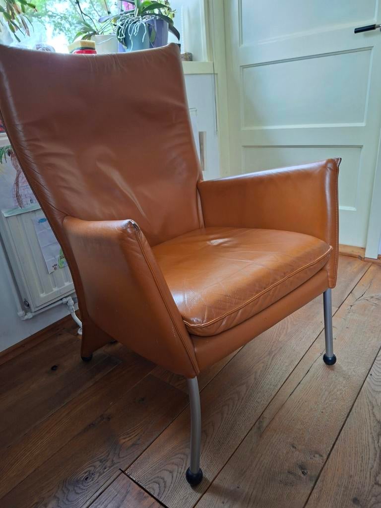Design leren fauteuil, Gebruikt, 75 tot 100 cm, Ophalen of Verzenden, Leer