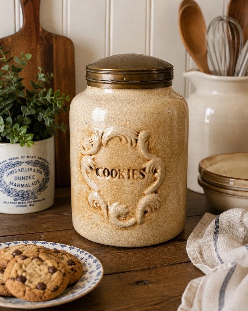 Vintage aardewerken voorraadpot “cookies ” met messing, Ophalen of Verzenden