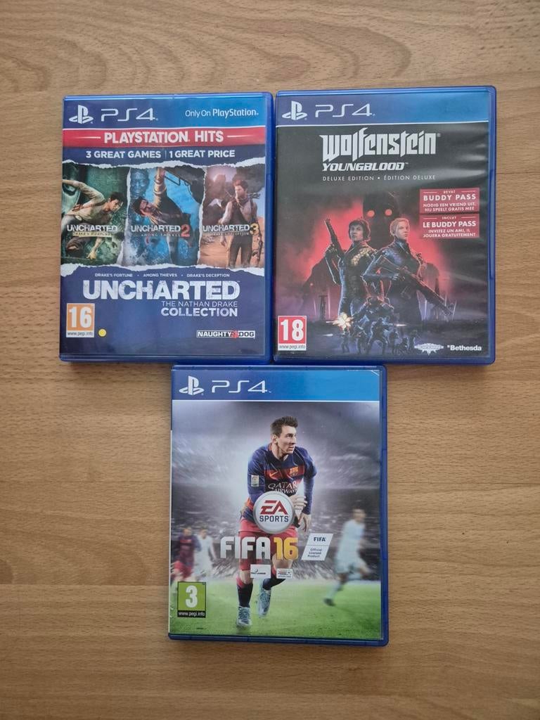 PS4 games: Uncharted, Wolfenstein, FIFA 16, Spelcomputers en Games, Ophalen of Verzenden, Zo goed als nieuw