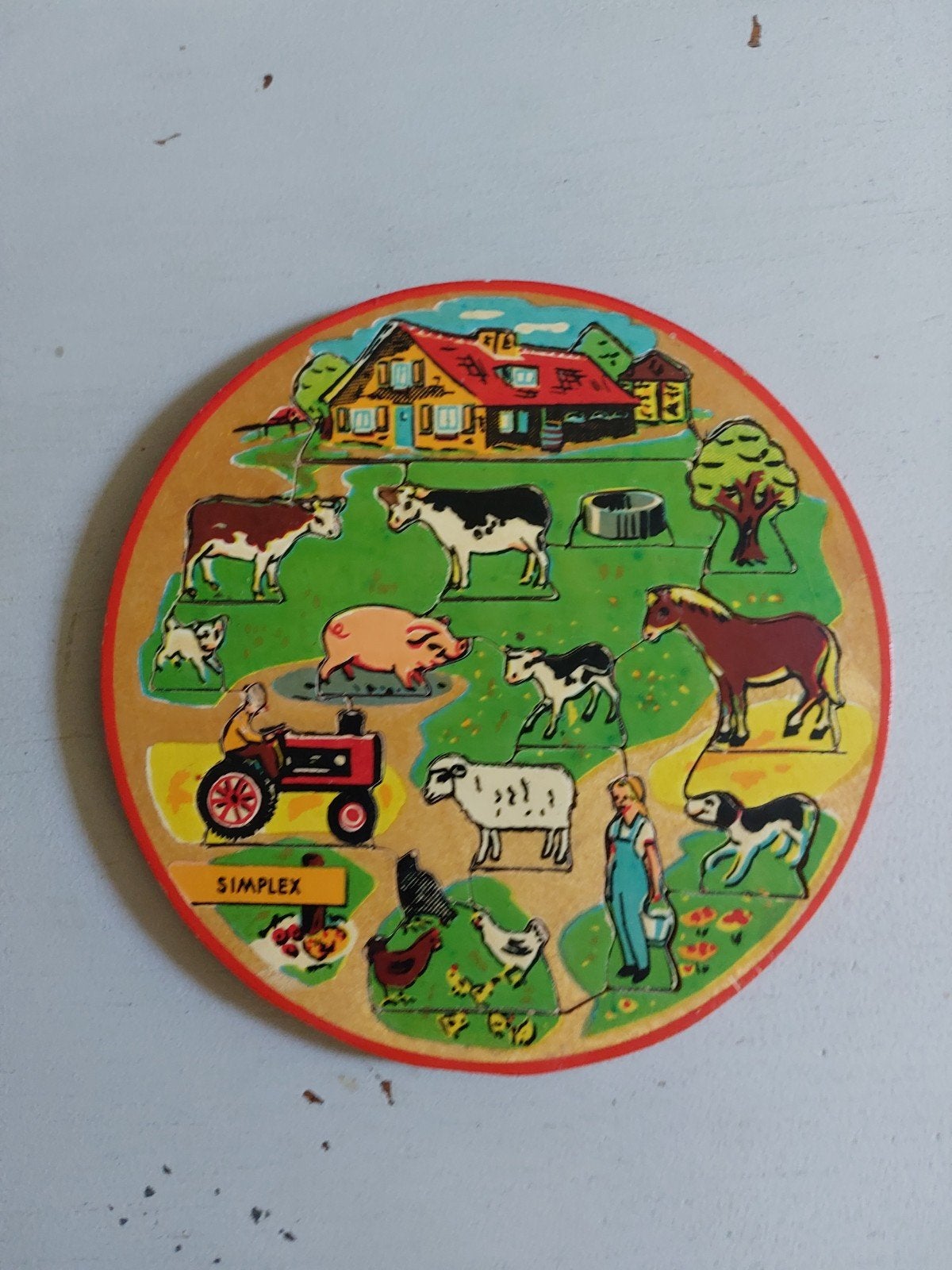 Vintage ronde houten puzzel van Simplex,  thema de boerderij, Verzamelen, Ophalen of Verzenden, Gebruikt