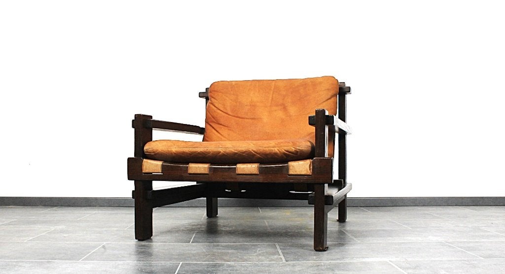 Lounge Chair (Brutalist) in Leather by Carl Straub, Gebruikt, Ophalen of Verzenden, Vintage, brutalist design, 50 tot 75 cm