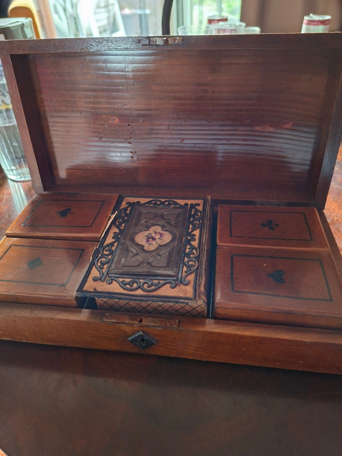 Antieke houten Whistdoos / Kaartspeldoos benen fiches ca1880, Ophalen of Verzenden