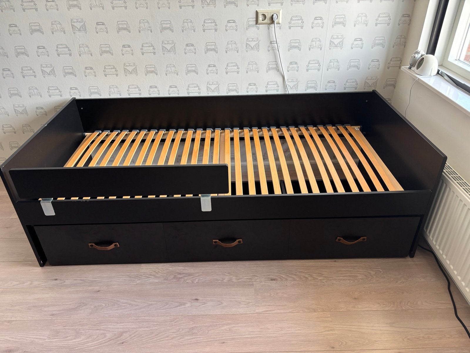 Bopita Bedbank 90x200 met 3 laden Floris Mat Zwart/Naturel., Ophalen, 90 cm, Eenpersoons, Zwart