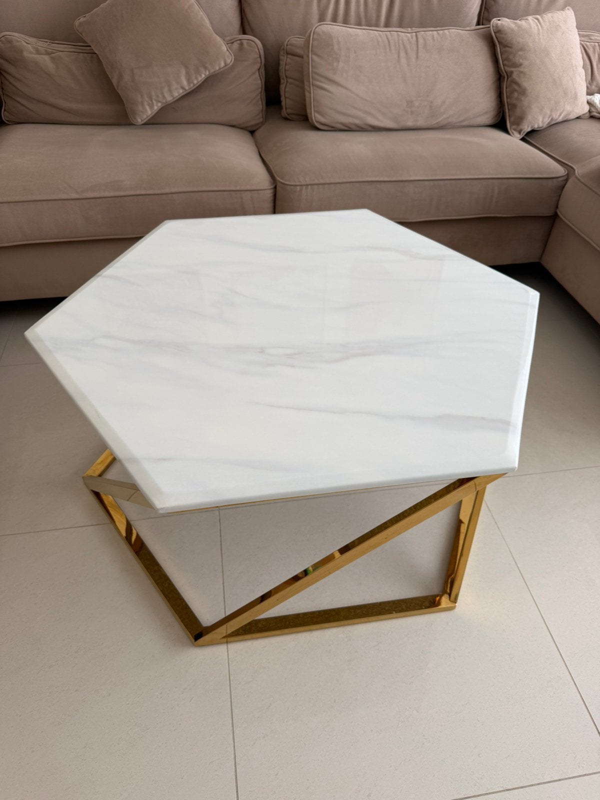 Marmeren salontafel met goude poten, Ophalen, 100 tot 150 cm, 50 tot 100 cm, Zo goed als nieuw