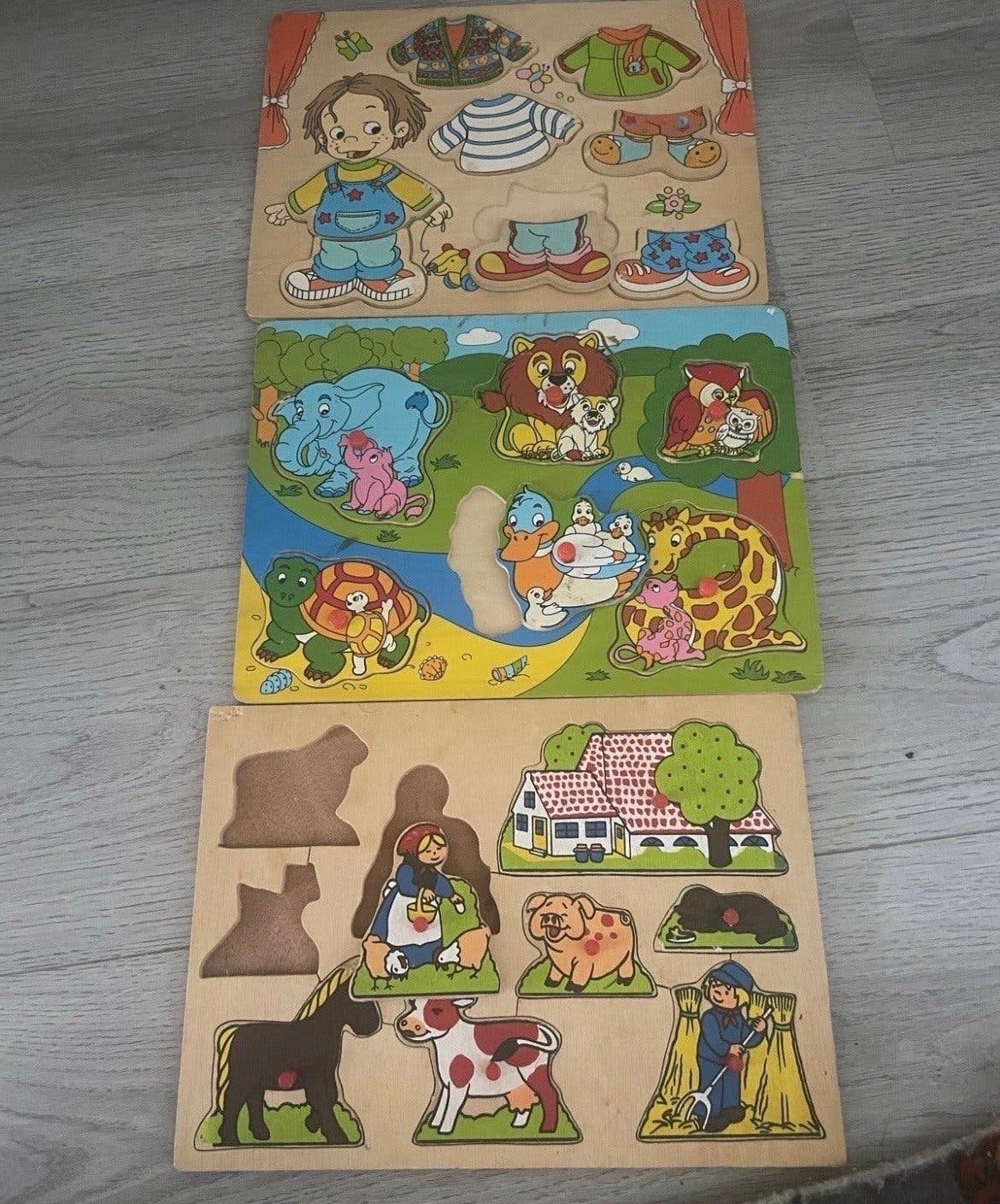 Houten Insteekpuzzels: Boerderij, Dieren en Aankleedpop, 2 tot 4 jaar, Gebruikt, 10 tot 50 stukjes, Ophalen of Verzenden