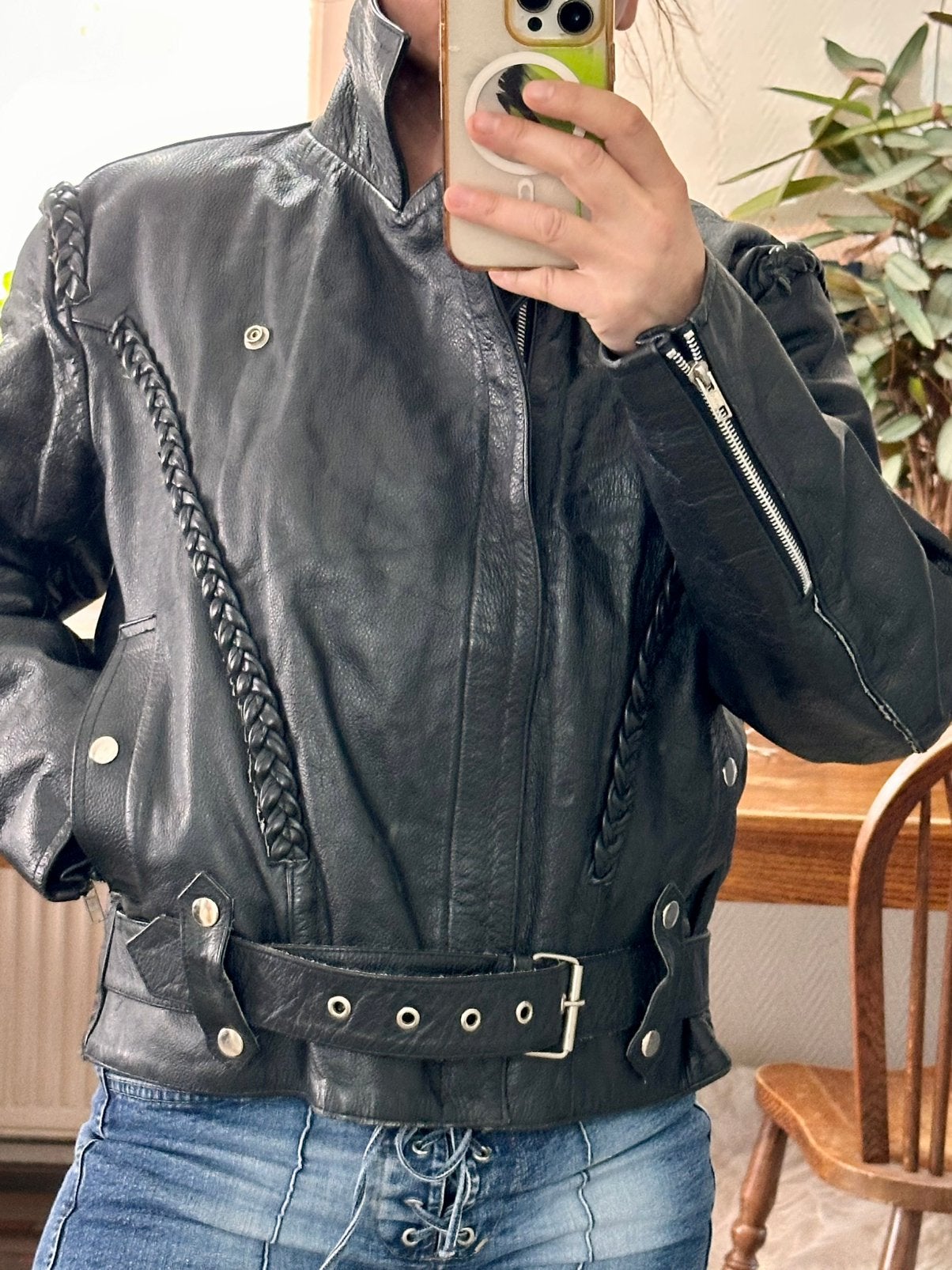 True Vintage Black Leather Motorcycle Biker Jacket Size S, Motoren, Ophalen of Verzenden, Tweedehands, Dames, Jas | leer