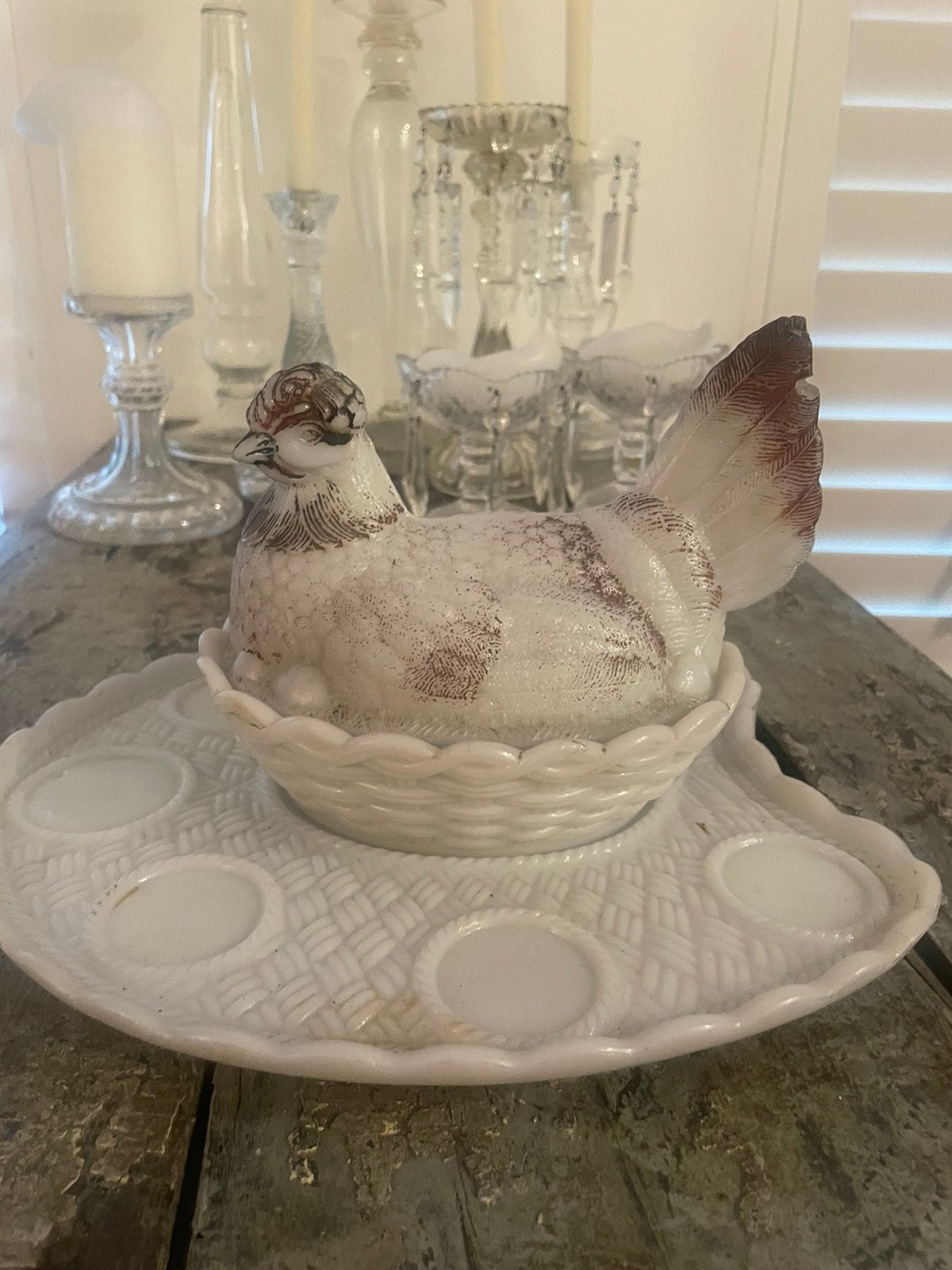 Witte Opaline kip met eierschaal, Ophalen of Verzenden