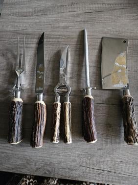 Jaren 80/ 5 delig design Tranchierbesteck Dreizack Solingen, Antiek en Kunst, Antiek | Bestek, Ophalen of Verzenden