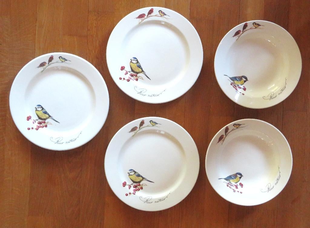 5 borden HvD Puur natuur met vogels ( pimpelmees roodborst ), Huis en Inrichting, Keuken | Servies, Zo goed als nieuw, Bord(en)