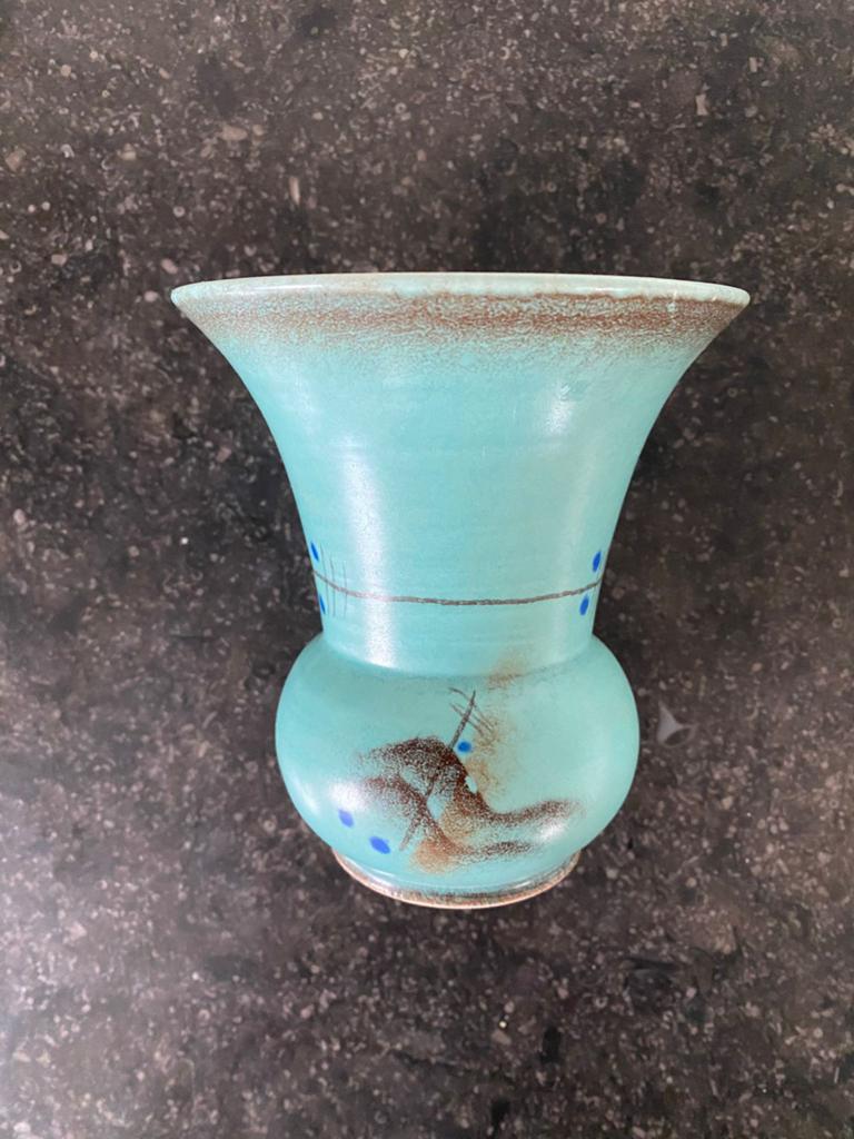 Vintage turquoise vaas met abstract decor kwispeldoor, Ophalen of Verzenden