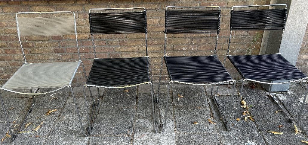 Set van 4 Vintage Spaghetti Stoelen (Belotti /Sintesi Stijl), Huis en Inrichting, Stoelen, Ophalen, Gebruikt, Zwart, Overige materialen