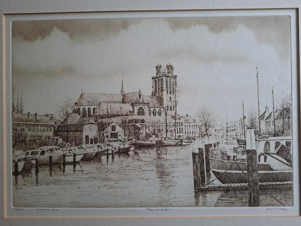 Dordrecht, Nieuwe Haven - Gesigneerde ets 33/250, Antiek en Kunst, Ingelijst, Stadsgezicht, Ophalen of Verzenden, 1950 - 1999
