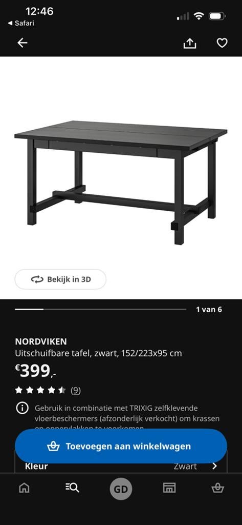 Nordviken uitschuifbare eettafel zwart, Ophalen, Gebruikt, 50 tot 100 cm, Vijf personen of meer