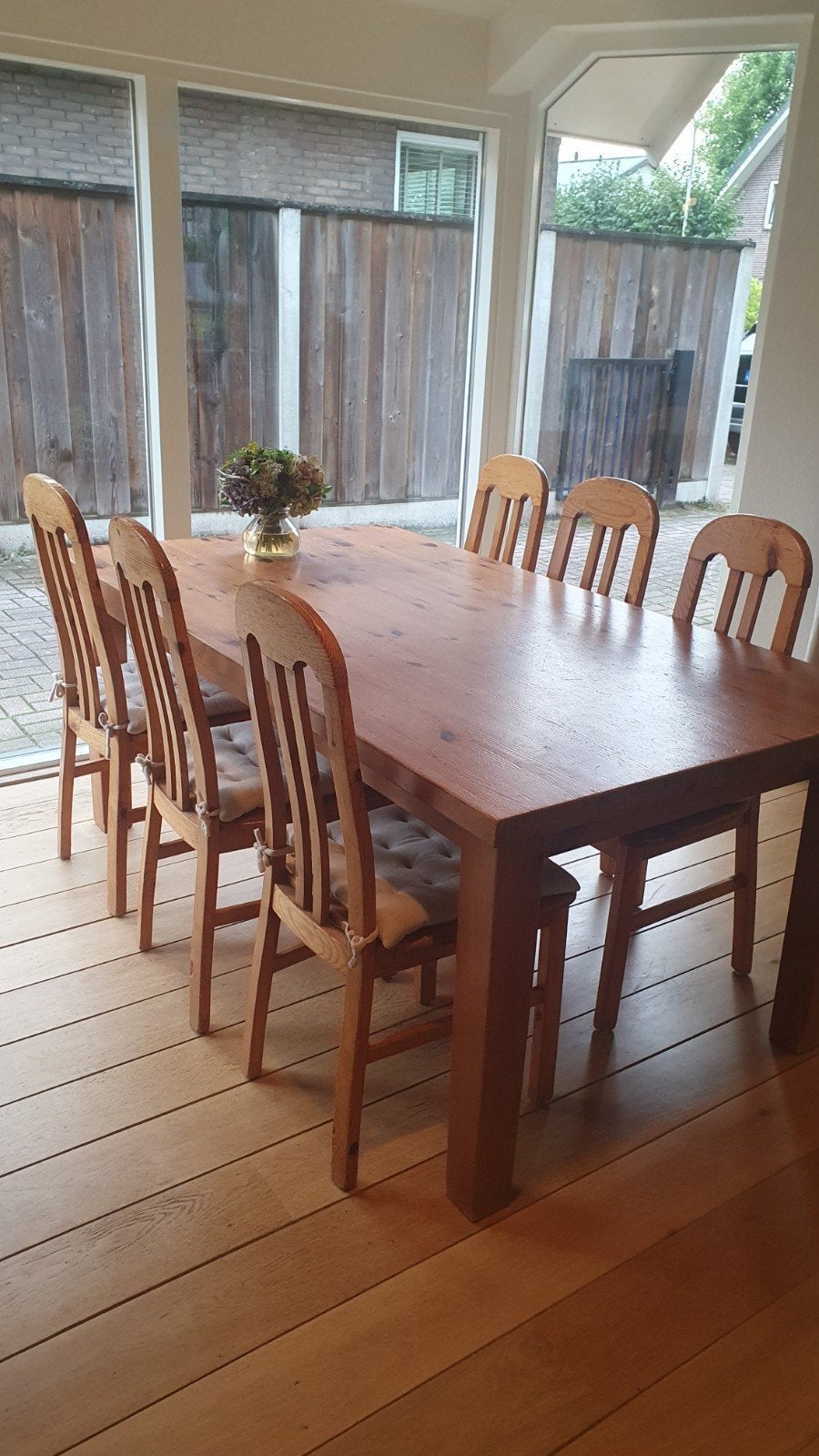 Grenen eettafel met 6 Lundia stoelen - Retro jaren '80, Retro jaren '80, Gebruikt, Vijf personen of meer, 150 tot 200 cm