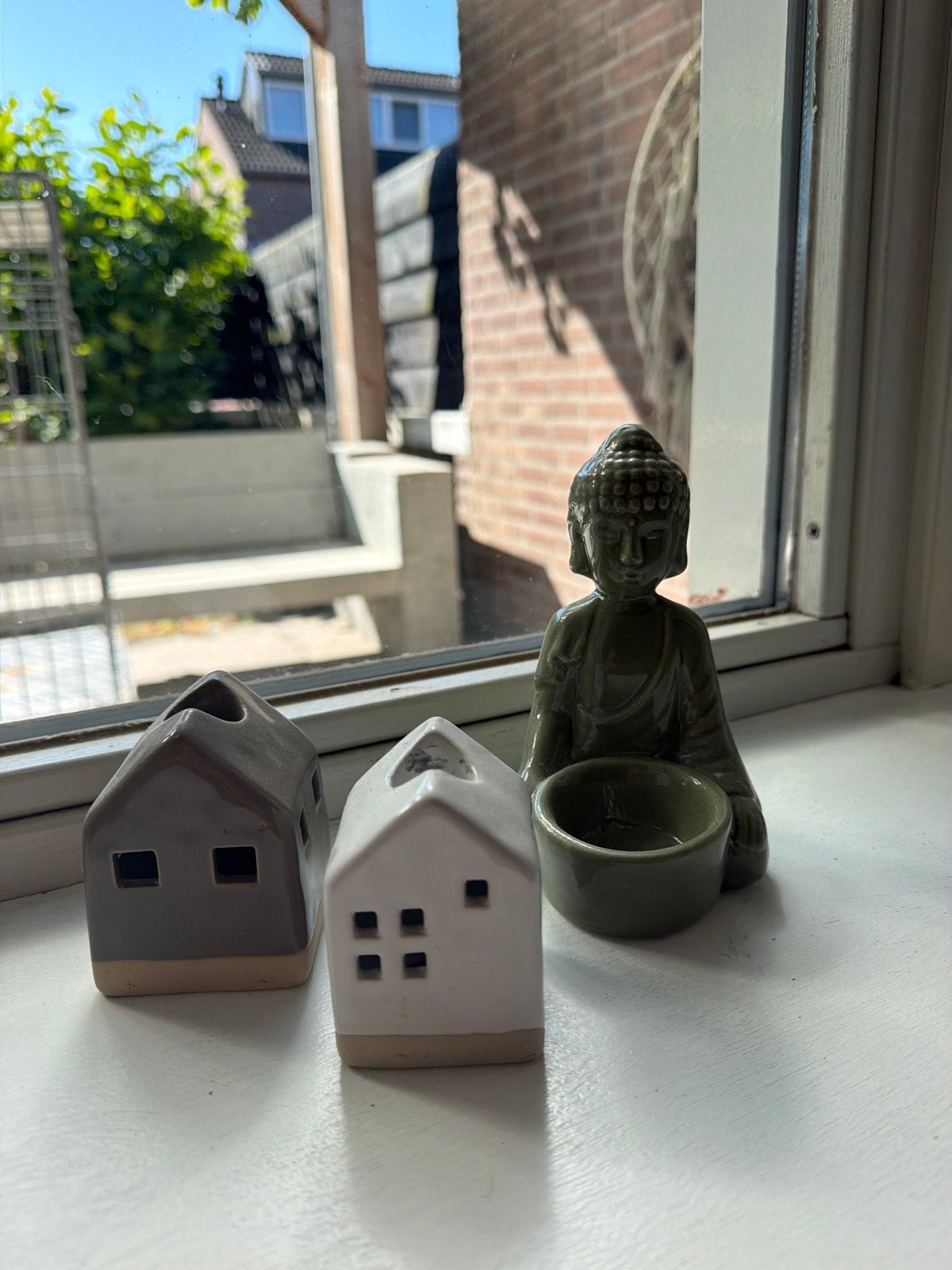 Set van 2 huisjes waxinelichthouders en Boeddha beeldje, Huis en Inrichting, Woonaccessoires | Overige, Ophalen, Gebruikt, Meerkleurig