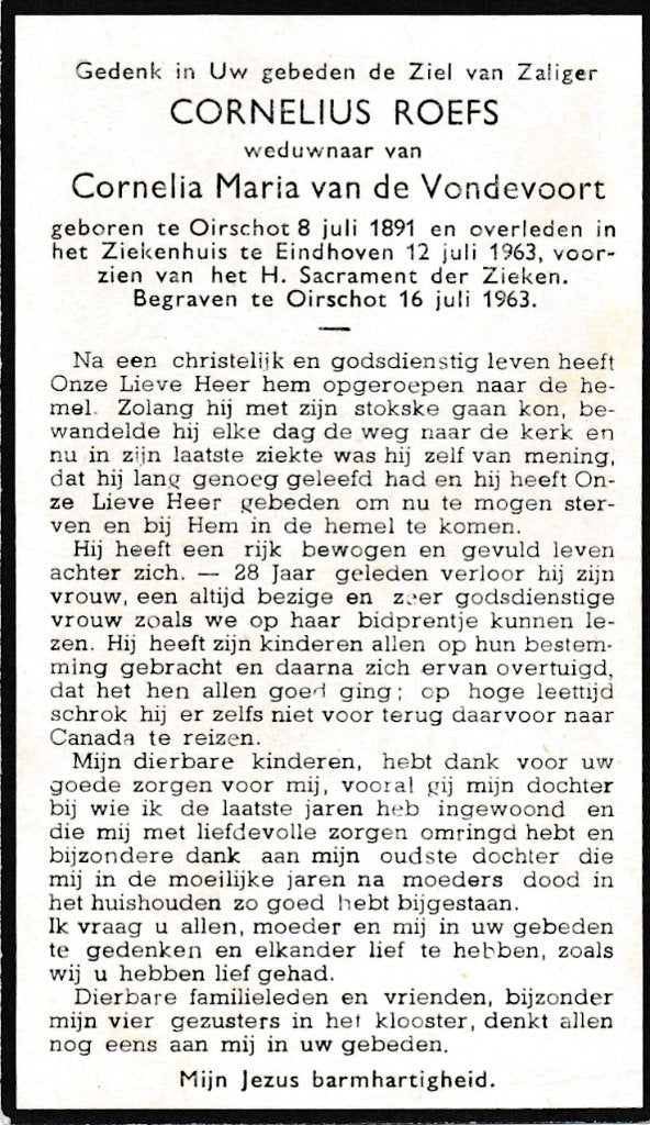 Roefs Cornelius 1891 Oirschot 1963 Eindhoven, Verzamelen, Bidprentjes en Rouwkaarten, Ophalen of Verzenden, Bidprentje