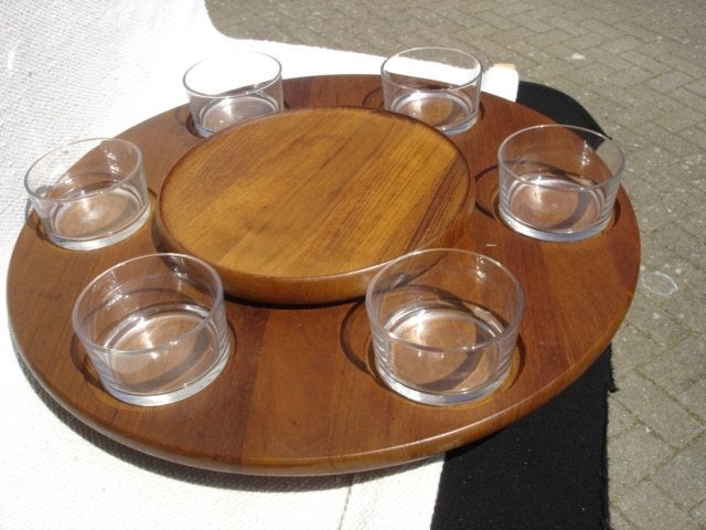 Deens design teak tray & Lazy Susan draai plateau Denmark, Hout, Ophalen of Verzenden, Gemerkt, 5 cm