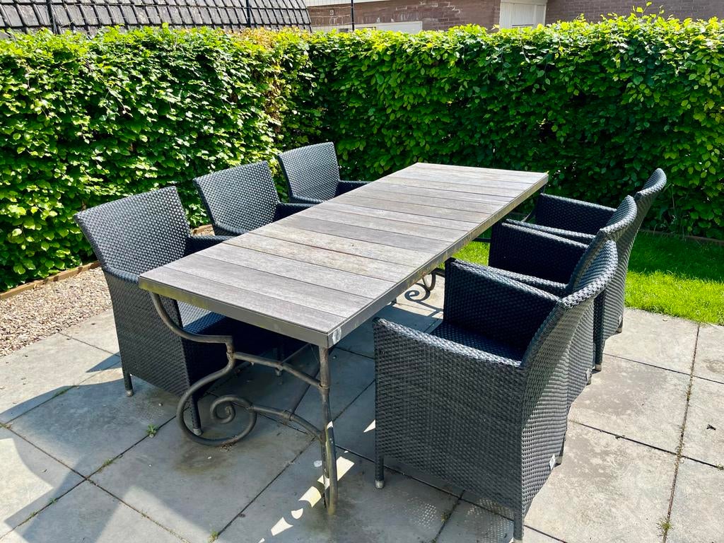 Gietijzeren tuinset met 6 stoelen en houten tafel, Tuin en Terras, Tuinsets en Loungesets, Ophalen, Gebruikt, Eettafel, 6 zitplaatsen