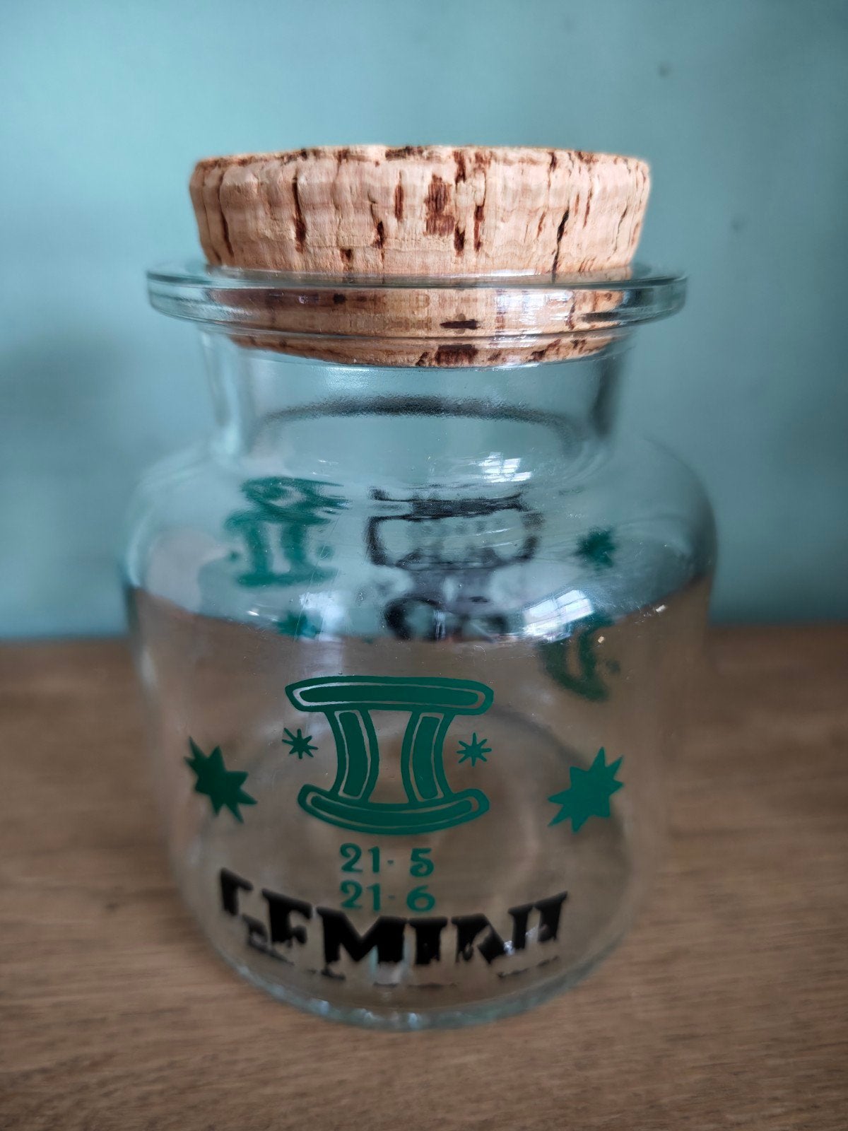 Vintage Glas Voorraadpot Kurk - Sterrenbeeld Tweeling, Ophalen of Verzenden