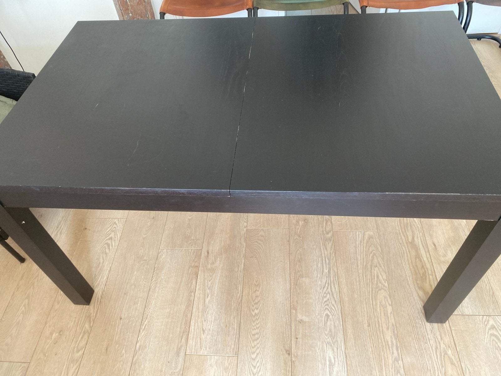 Donkerbruine eettafel, uitschuifbaar 140 to 160 cm, Ophalen, Gebruikt, 100 tot 150 cm, 50 tot 100 cm