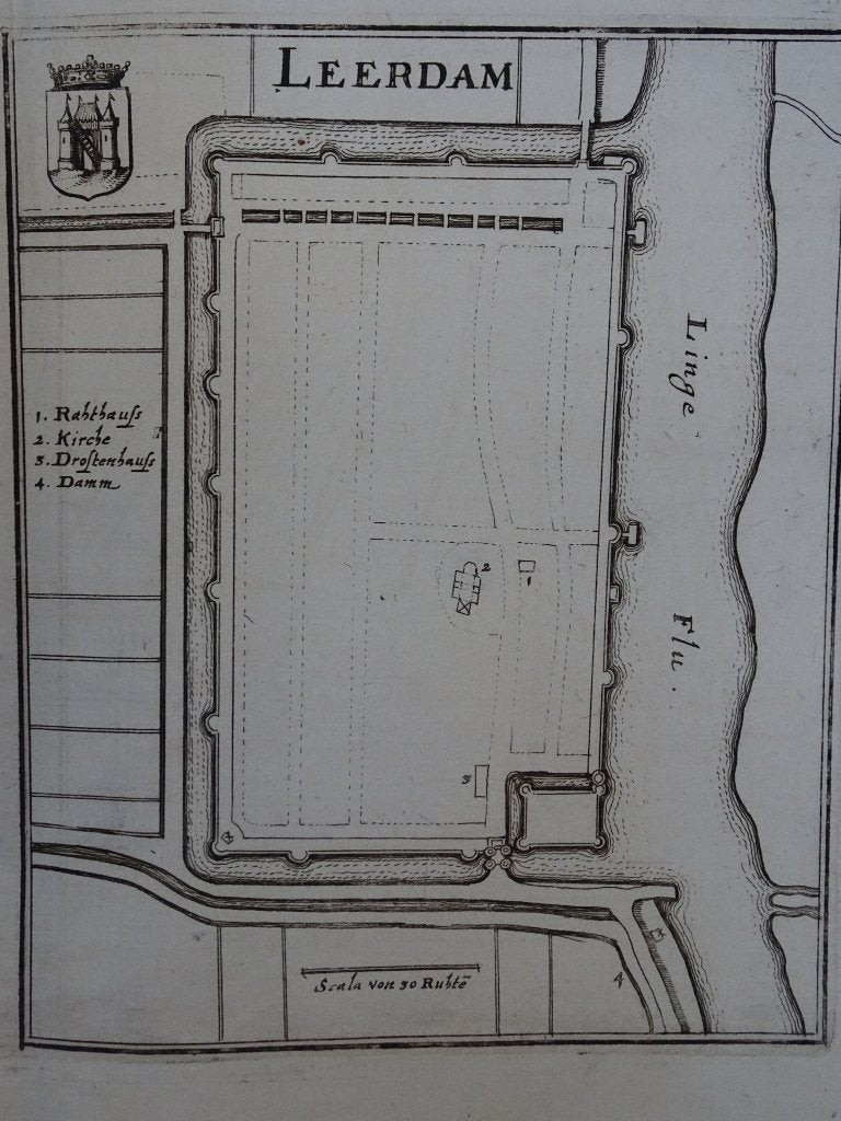 gravure plattegrond Edam en Leerdam, Caspar Merian, 1670, Cartografie, Gravure, Origineel, 1600 - 1699